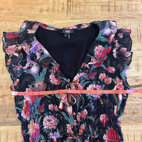 Paige Paradis 100% Silk Ruffle Floral Midi Dress M Dark Romantic Wedding Guest - Picture 11 of 13
